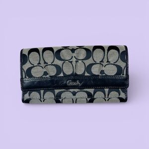 Coach Signature Canvas Leather Trifold Wallet Tan Black Zip Pocket